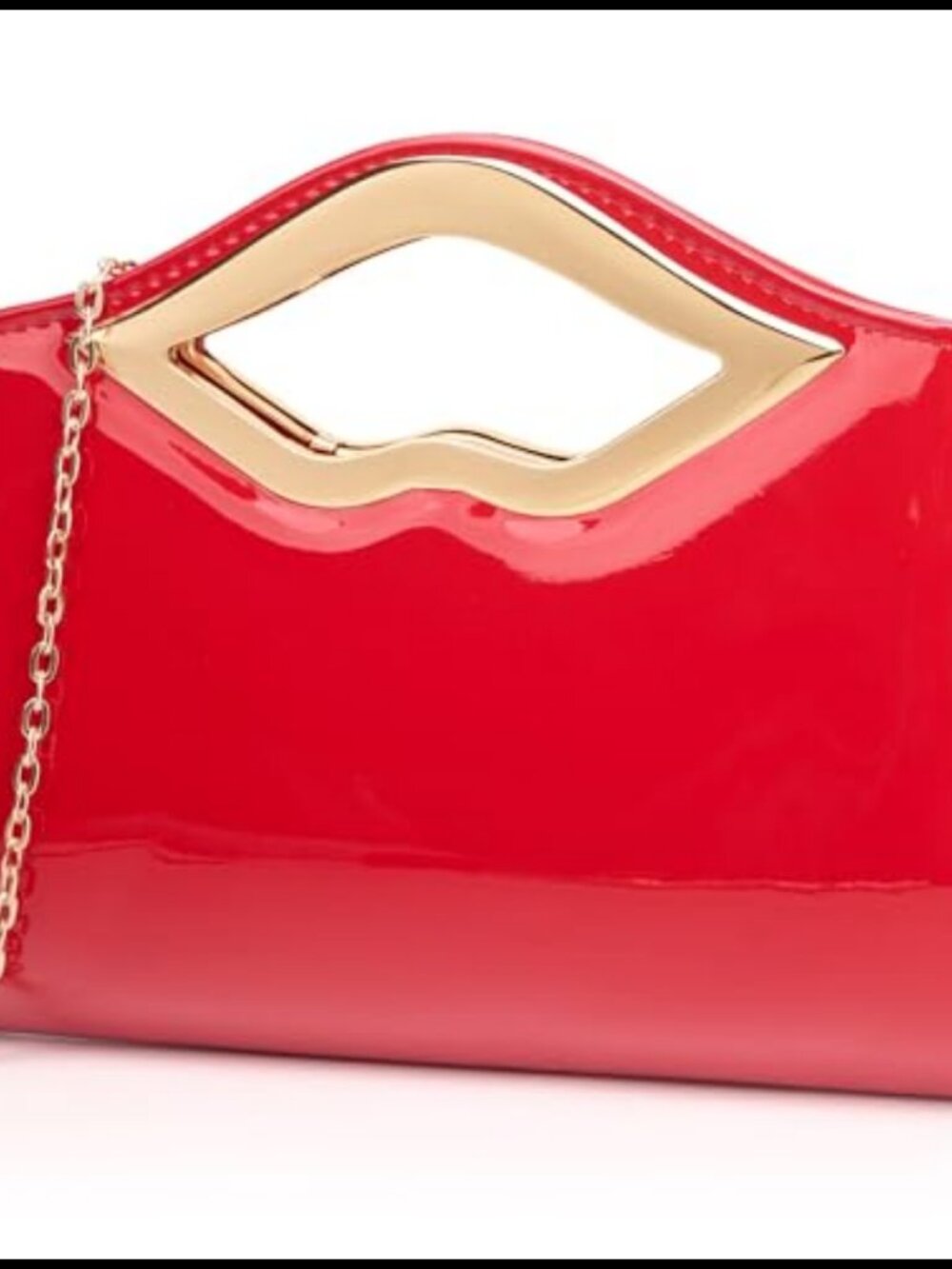 Patent Leather Clutch with Lips-Shaped Handle & Detachable Chain